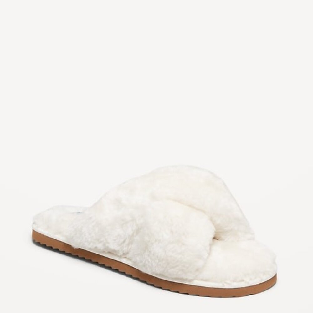 Faux-Fur Cross-Front Slippers SIZE 7 BRIGHT WHITE